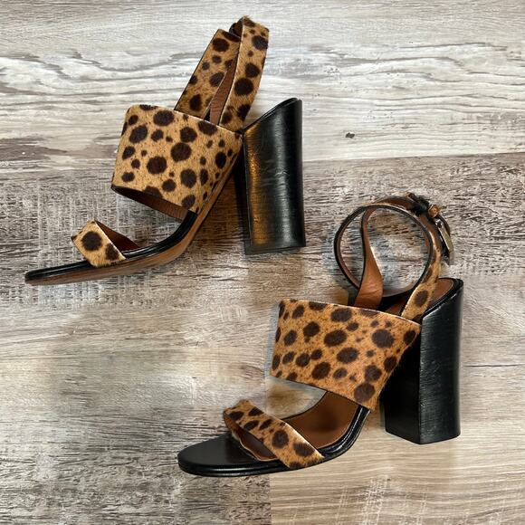 Givenchy Leopard Calf Hair Heeled Sandals Block Heel 39.5 Made in Italy - Picture 1 of 10